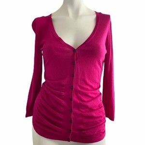 Women Pink Button Up 3/4 Sleeves Crew Neck Knit Cardigan  XS/TP